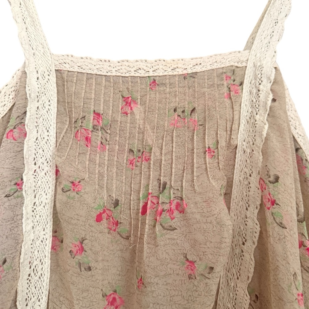 Free People Floral Beige Sleeveless Top with Lace Trim - Picture 3 of 6